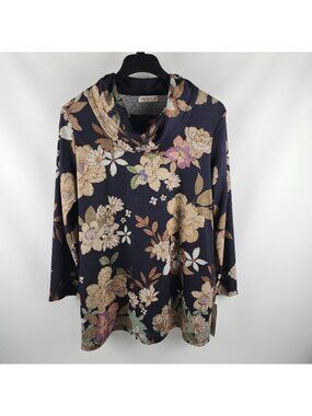 Jess & Jane Tunic Womens XL Multi Peony French Brushed Knit 3/4 Sleeve USA NWT